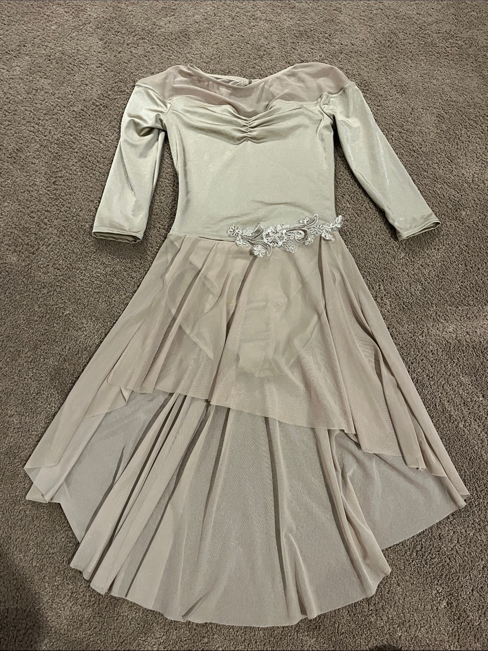 Weissman Beige/Taupe Long Sleeve Dance Dress with Embellished Waist